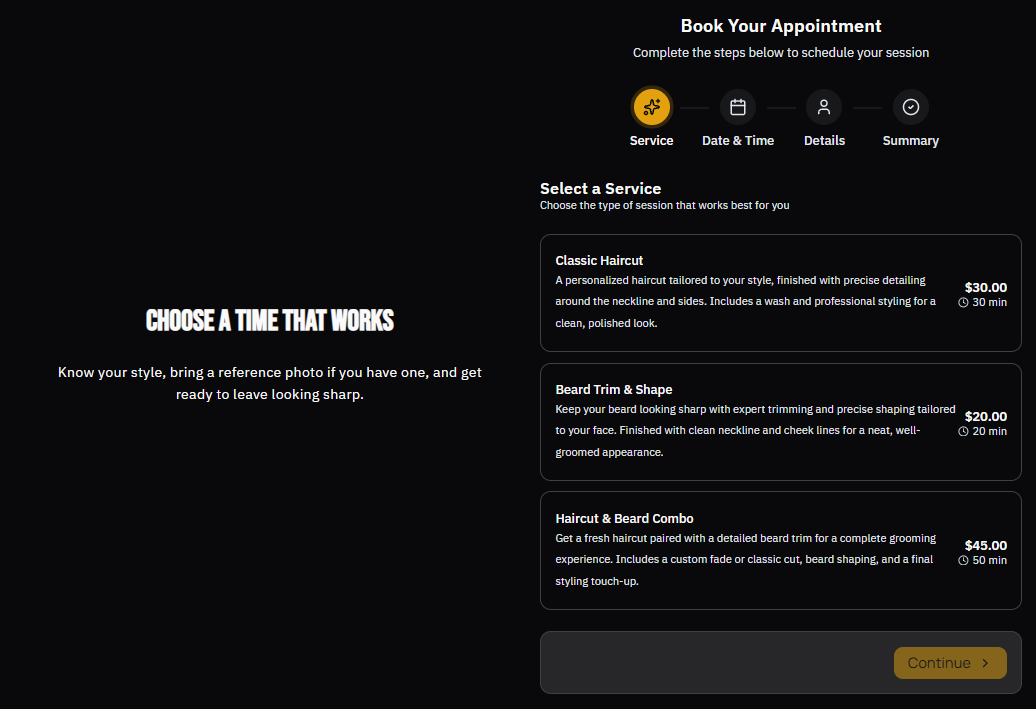 Barber booking page with services, prices, and a continue button
